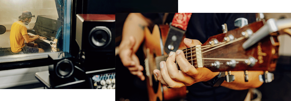 Two images from left to right: Cut through view of a male student in the recording booth playing piano, A close up of a guitar fretboard with two hands playing the guitar.